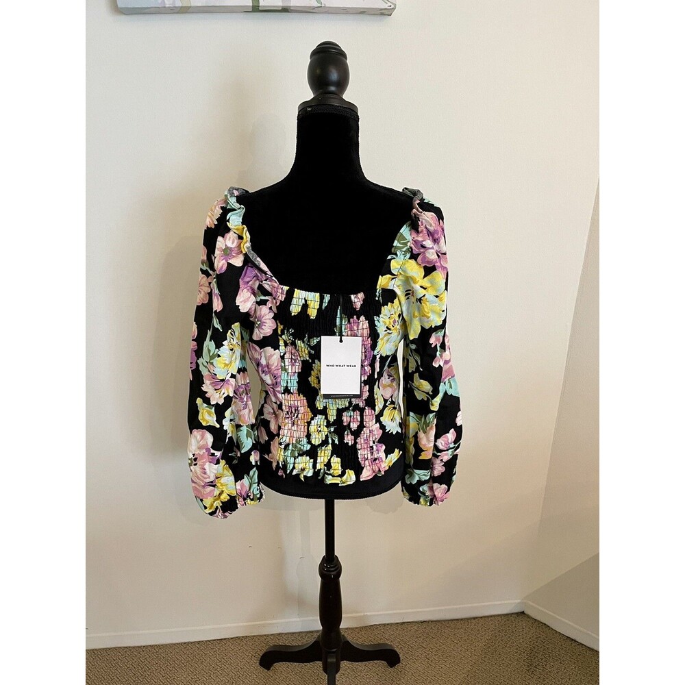 Who What Wear Floral Black Long Sleeve Linen Square Neck Top Size Large NWT! - Picture 5 of 7
